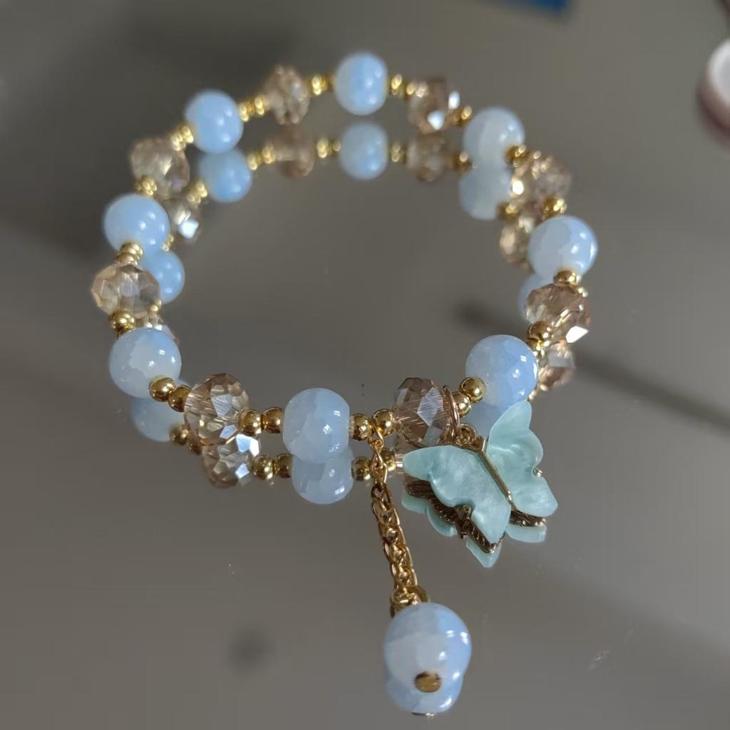 New Sweet Fashion Butterfly Pendant Tassel Imitation Jade Cracked Crystal Elastic Beaded Bracelet for Women Girl Zircon Gifts
