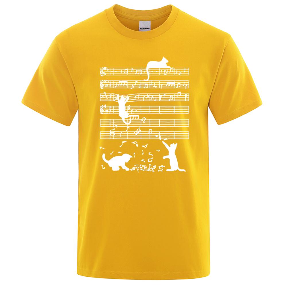 Cotton T Shirt Printed Cat Playing Staves Funny T-shirts for Men Summer Short Sleeve Top Tee Shirts Casual Basic Mens T-shirt