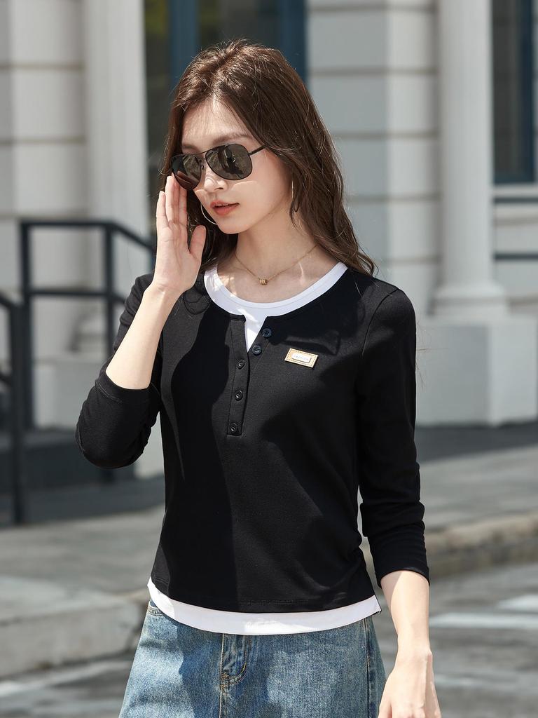 Übergröße Colorblock Langarm T-Shirt für Damen - 2025 Herbstdesign, Taillenformender Fake-Zweiteiler-Stil