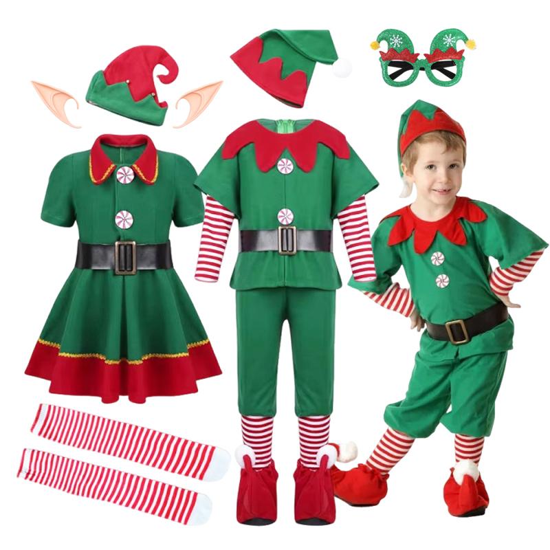 Girl Boy Christmas Elf Costumes Santa Claus Suit Festival Adult Family Halloween Cosplay Sets Green Elves Clothes