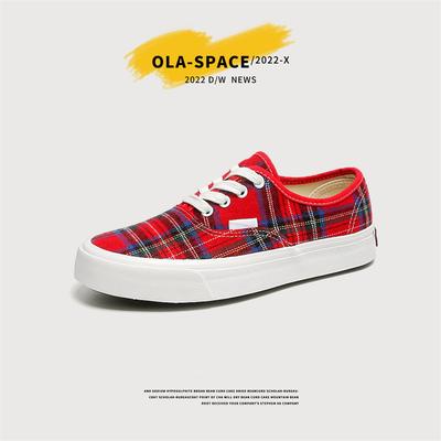 Red Plaid Canvas Shoes Female Korean Version Student Versatile Ulzzang Trendy Shoes New Niche Design Board Shoes