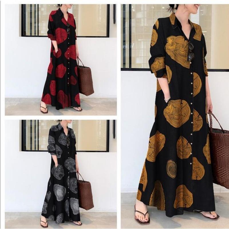 Plus Size Loose Printed Turn Down Collar Long Sleeve Casual Long Shirt Dress For Women