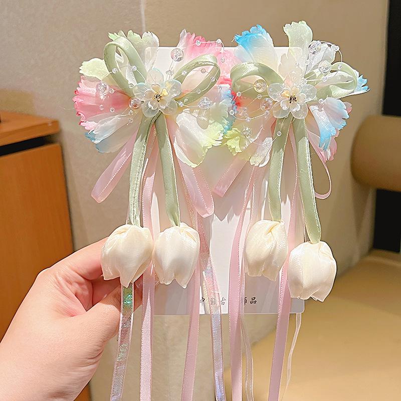Spring Children s Hanfu Retro Flower Hair Clip: Blue Bow Headwear for Girls
