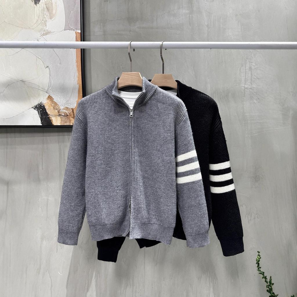 Autumn/Winter Men's Double Zipper Solid Jacquard Knit Cardigan - Versatile, Casual, and Loose Fit