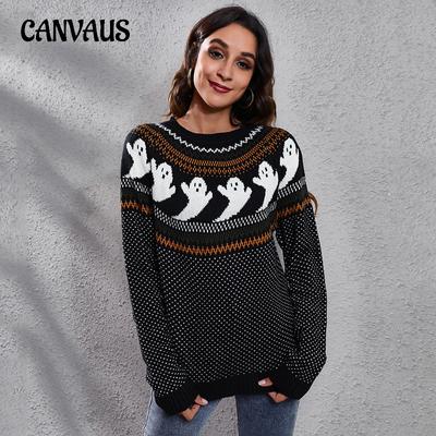 Autumn and Winter Women's Sweater Halloween Ghost Vintage Polka Dot Knitwear Loose Long Sleeve Knitted Sweater