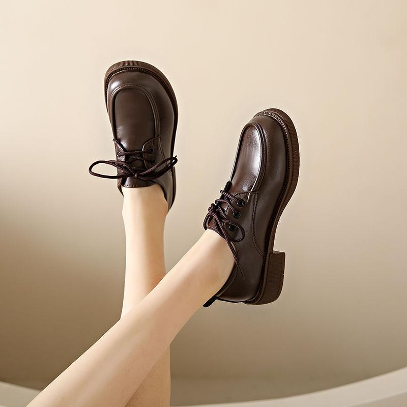 Små skinnsko dame 2025 vår ny retro allsidige remmer enkeltsko rund tå lav hæl tykk hæl snøresko Brock sko