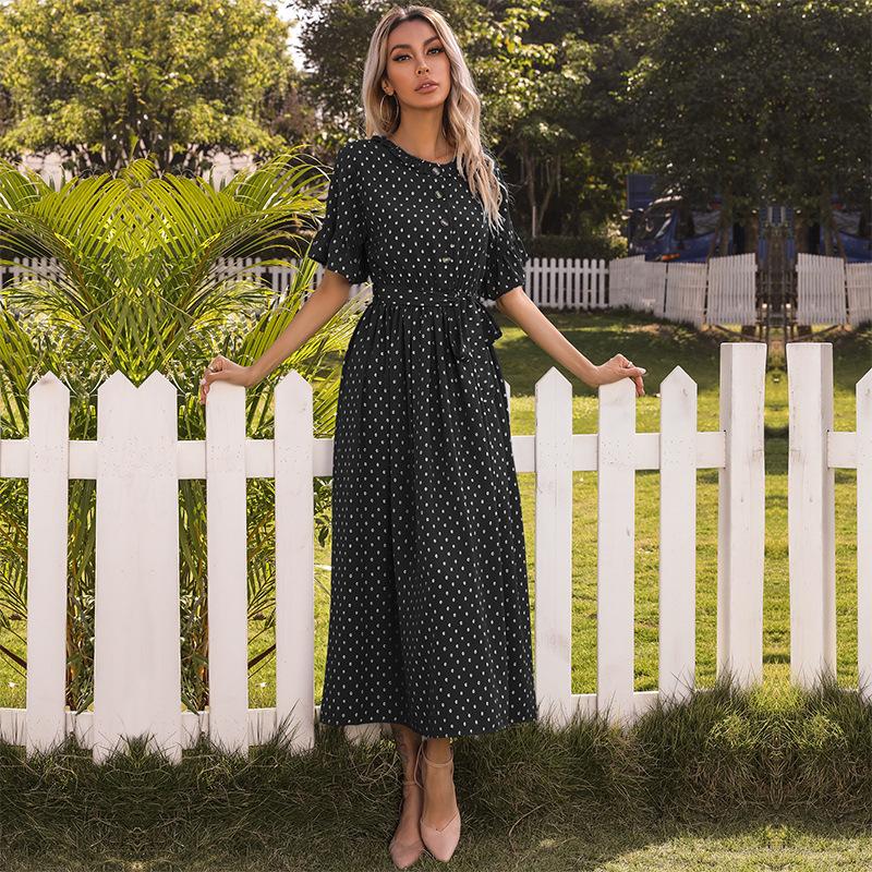 Summer Print Round Neck Ruffle Edge Short Sleeve Strap-up Black Polka Dot Dress
