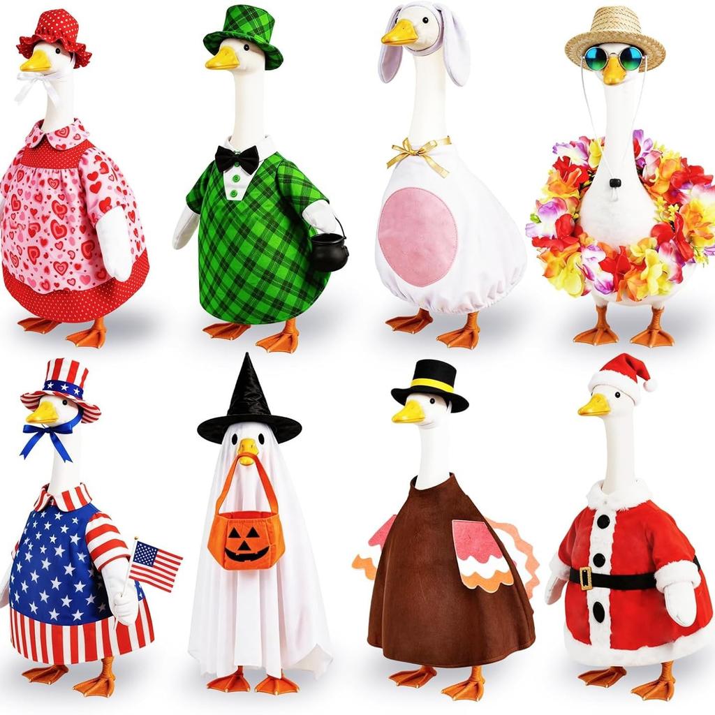 Goose Statue Costume Set, 8Pcs Seasonal Holiday Dress up Outfits for 24 Inch Lawn Goose Decor, Halloween Christmas Valentine