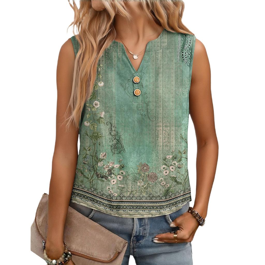 Women's Casual, Loose-Fitting, Printed, Sleeveless Linen Blouse