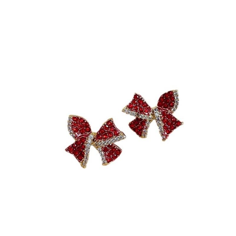 Red Zircon Crystal Bow Stud Earrings for Women Heart Shape Bowknot Earring Girl New Year Festival Jewelry