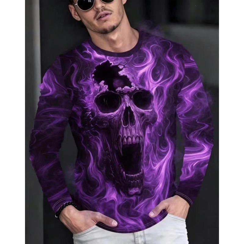 Herbst und Winter Herren Totenkopf 3D-Druck Rundhals Langarm T-Shirt