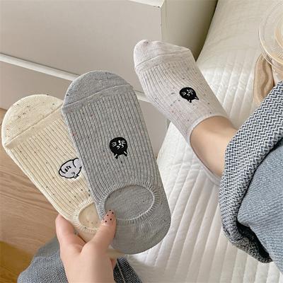 Cartoon Cute Kitten Embroidered Boat Socks Summer Thin Non-Slip Non-Slip Heel Invisible Socks Shallow Socks Cotton