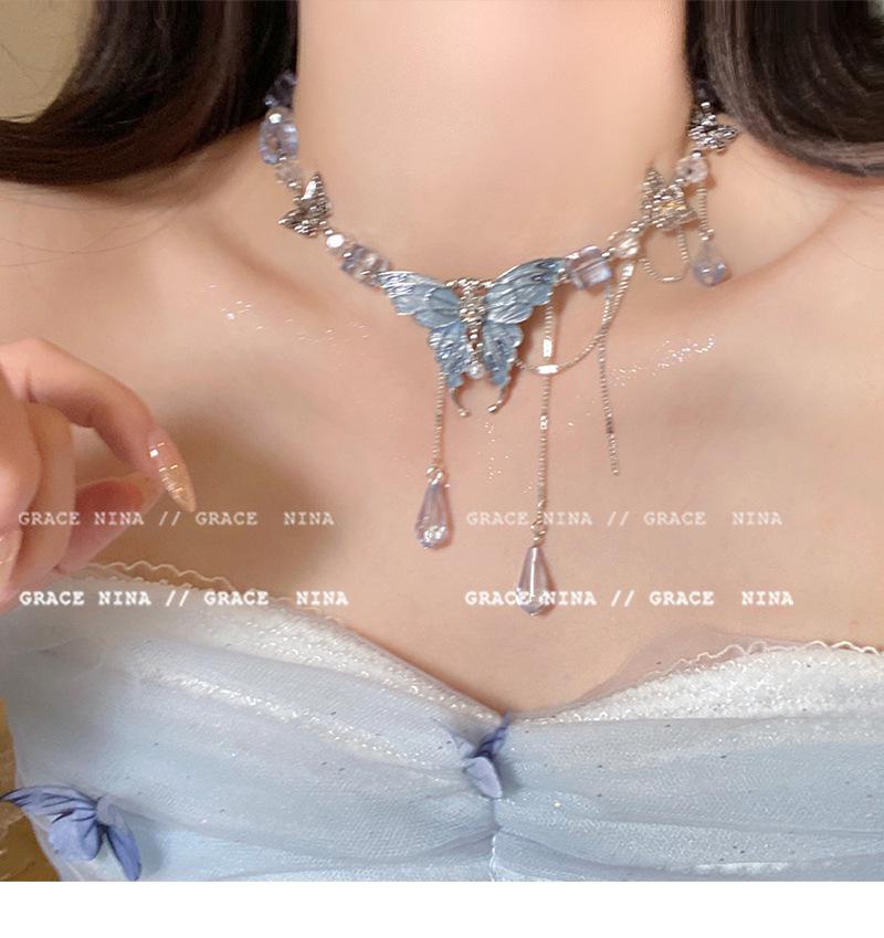 2025 Light Luxury Blue Crystal Butterfly Necklace for Women – Elegant Clavicle Chain Accessory