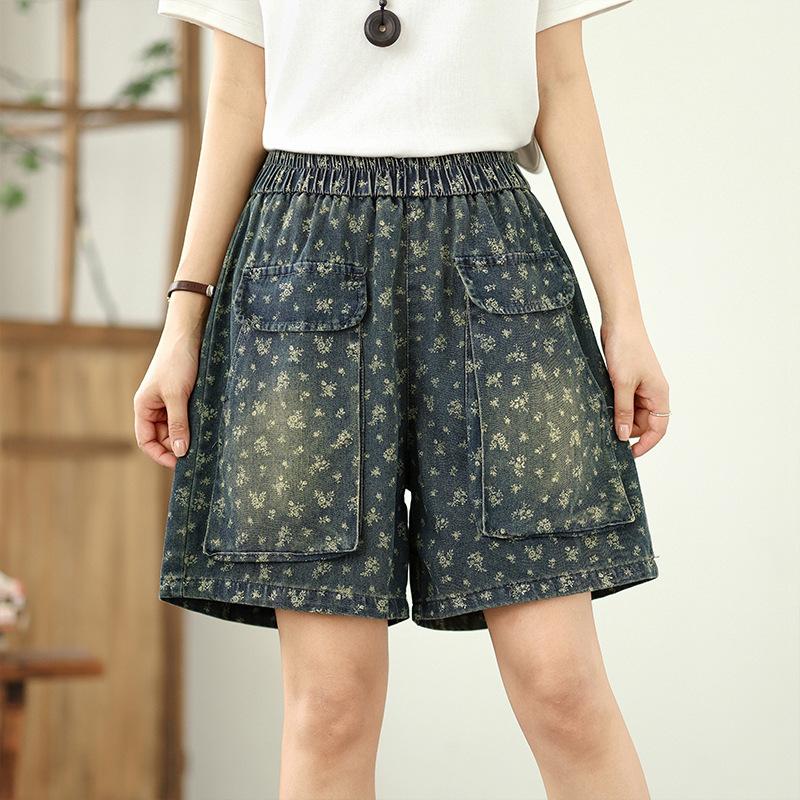 

Винтажные джинсовые шорты с цветочным принтом женские свободные с высокой посадкой повседневные короткие брюки женская уличная одежда повседневные джинсы 2025 XL синий