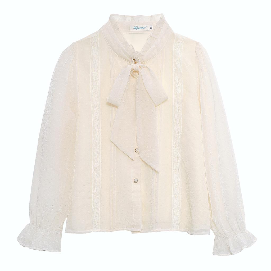 Mode Neu 2024 Herbst Langarm Stehkragen Lässig Schleife Schnürung Chiffon Bluse Hemd Damen Oberteile Blusen Hemden J459