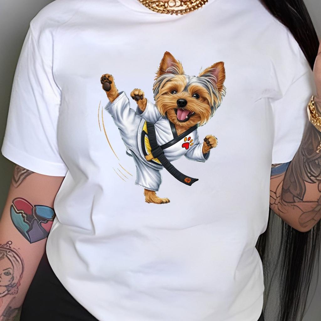 Yorkshire Terrier Martial Arts Print T-shirts Short Sleeve Crew Neck Leisure Spring & Summer Women's T-shirts