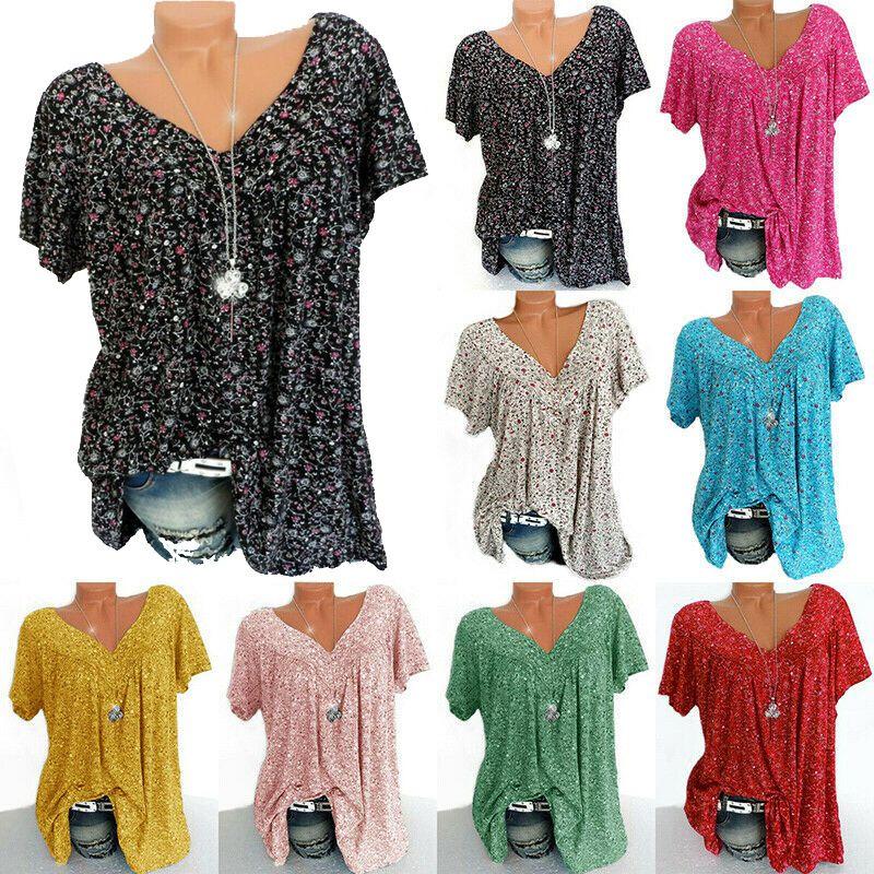 Women V Neck Floral Tee Tshirts Short Sleeve Blouse Summer Tunic Tops Plus Size
