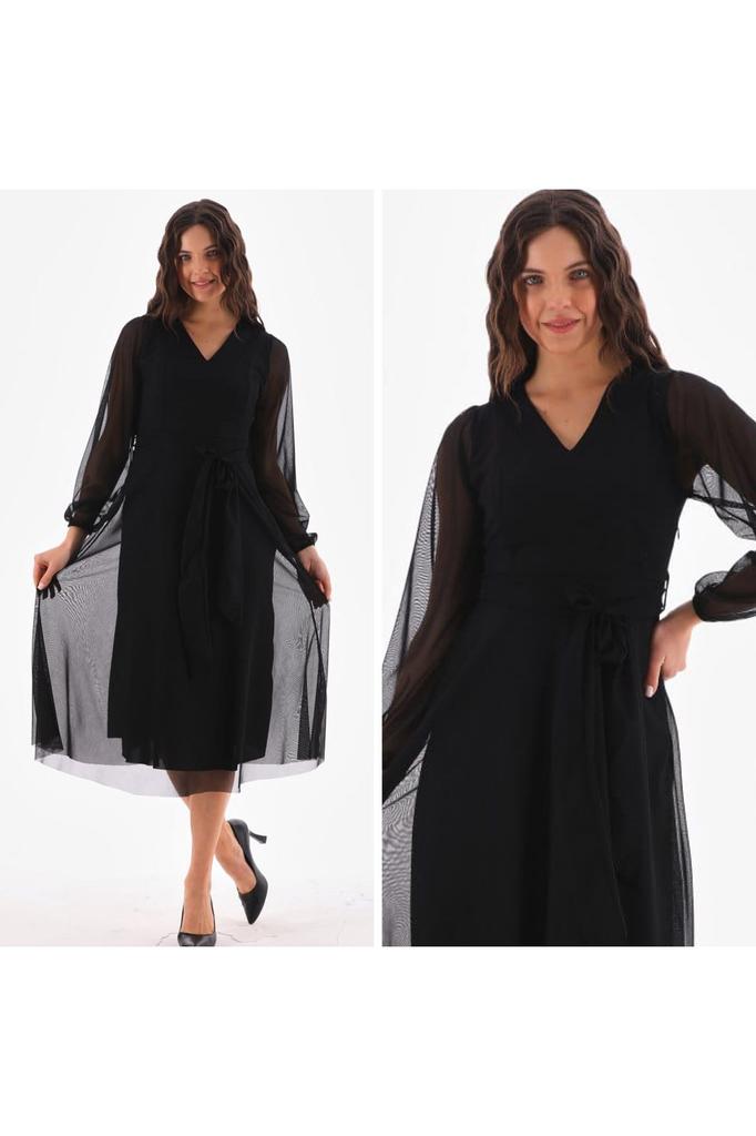 Women's Big Size Dress V-Neck Midi Length Tulle Dress