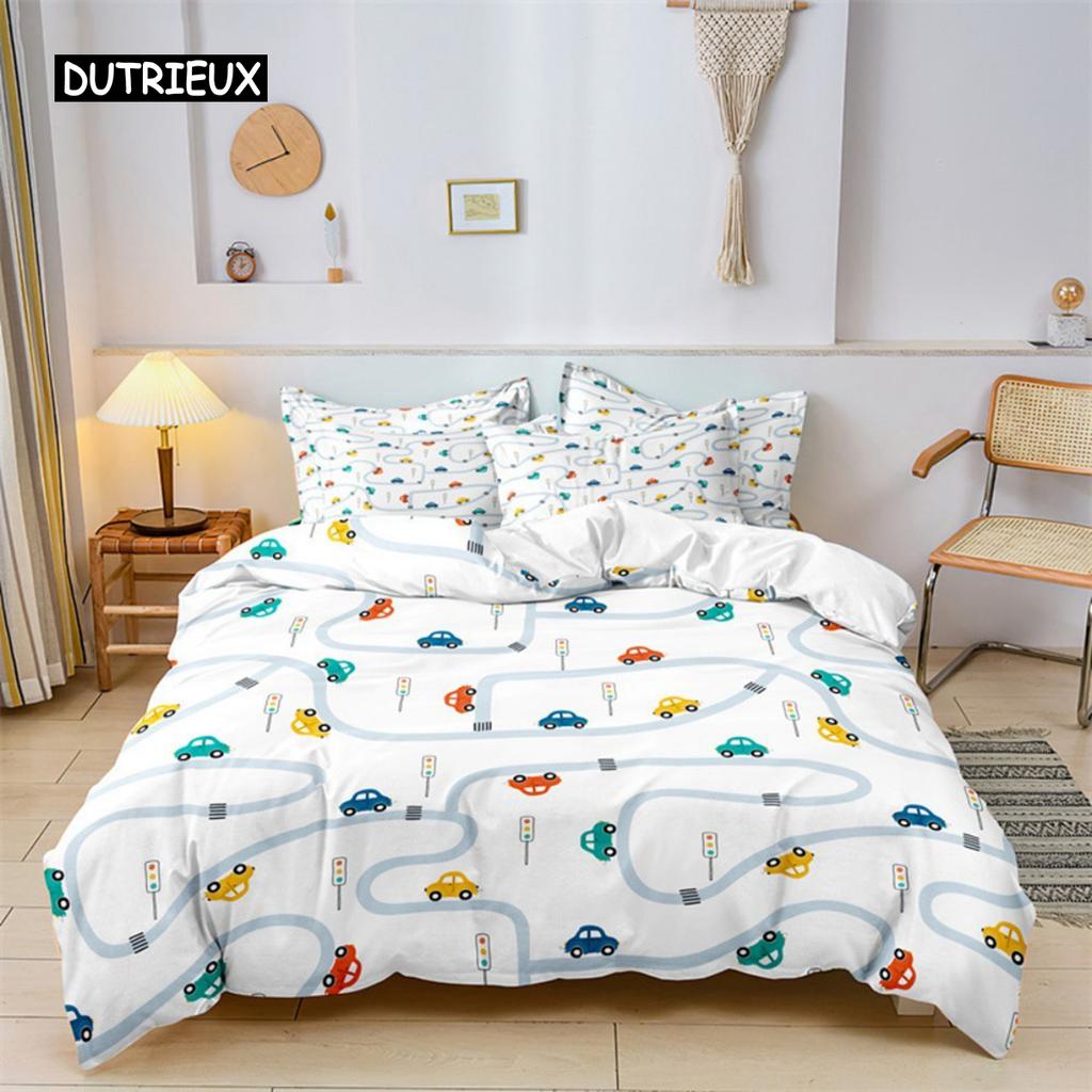 Boys Cartoon Car Duvet Cover Bedding Set Construction Vehicles Comforter Cover Kid Cartoon Machinery Truck Soft Polyester Decor