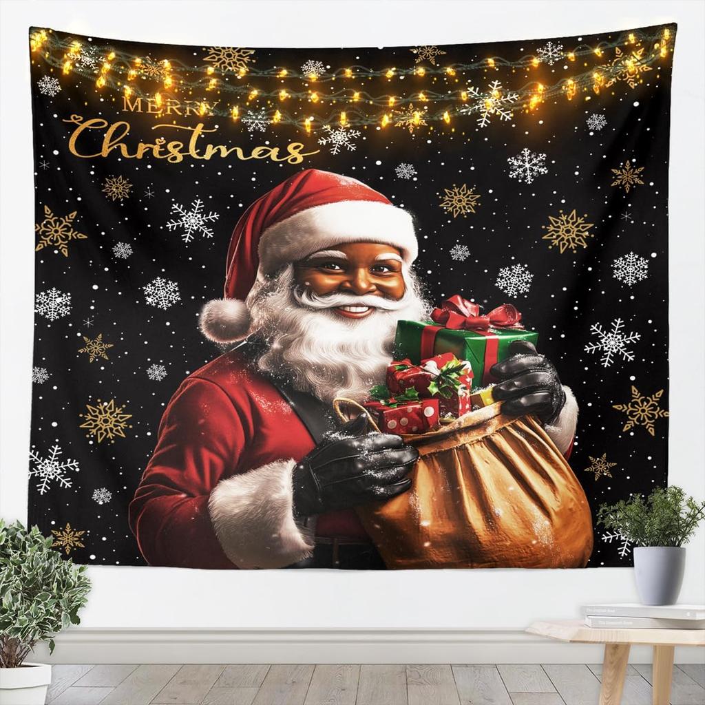 Black Santa Claus Tapestry Afro African American Wall Art Merry Christmas Wall Hanging Blanket for Living Room Bedroom Home