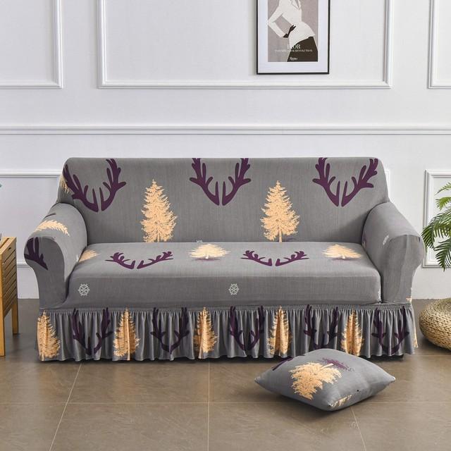 Printed Ruffled Skirt Sofa Cover Stretch Couch Slipcover Washable Furniture Protector Easy Fit Living Room Decor