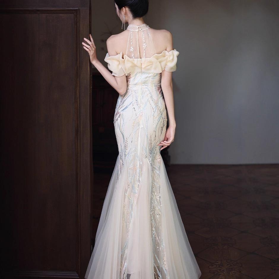 Banquet Evening Dress Women's 1011 New Neck Morning Robe Annual Meeting Host Champagne Fishtail Engagement Evening Dress Dress