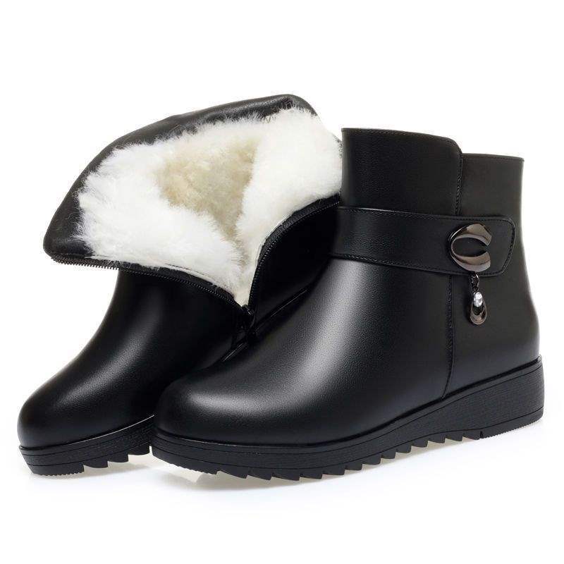 Cotton shoes short boots soft leather non-slip middle-aged mother thickened winter middle-aged and elderly velvet warm cotton boots flat bottom soft s