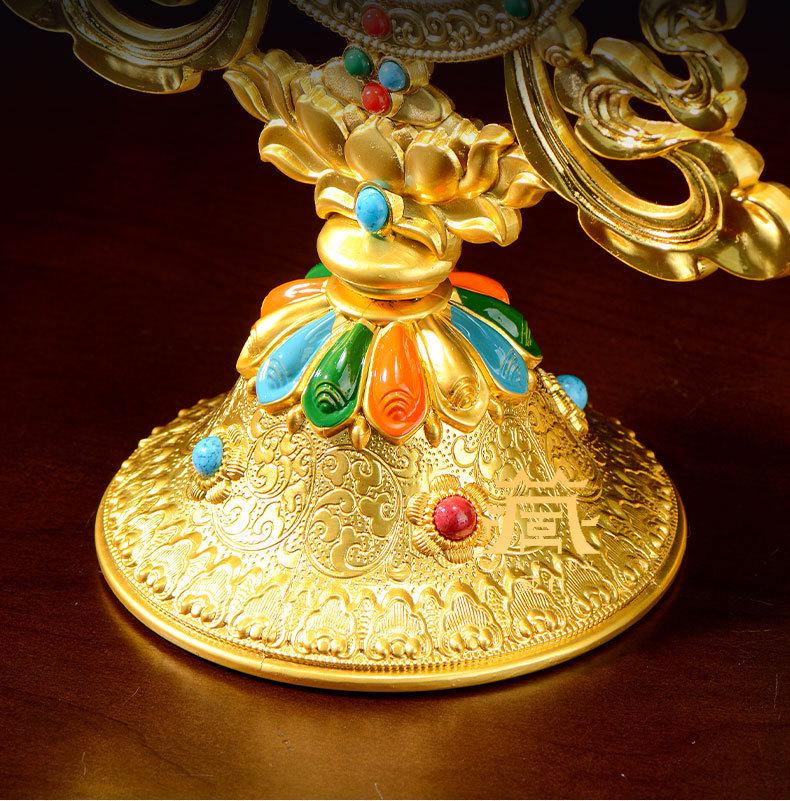 Tibetan Auspicious Symbols: Eight Treasures Golden Wheel Ornament for Home Altar Decoration