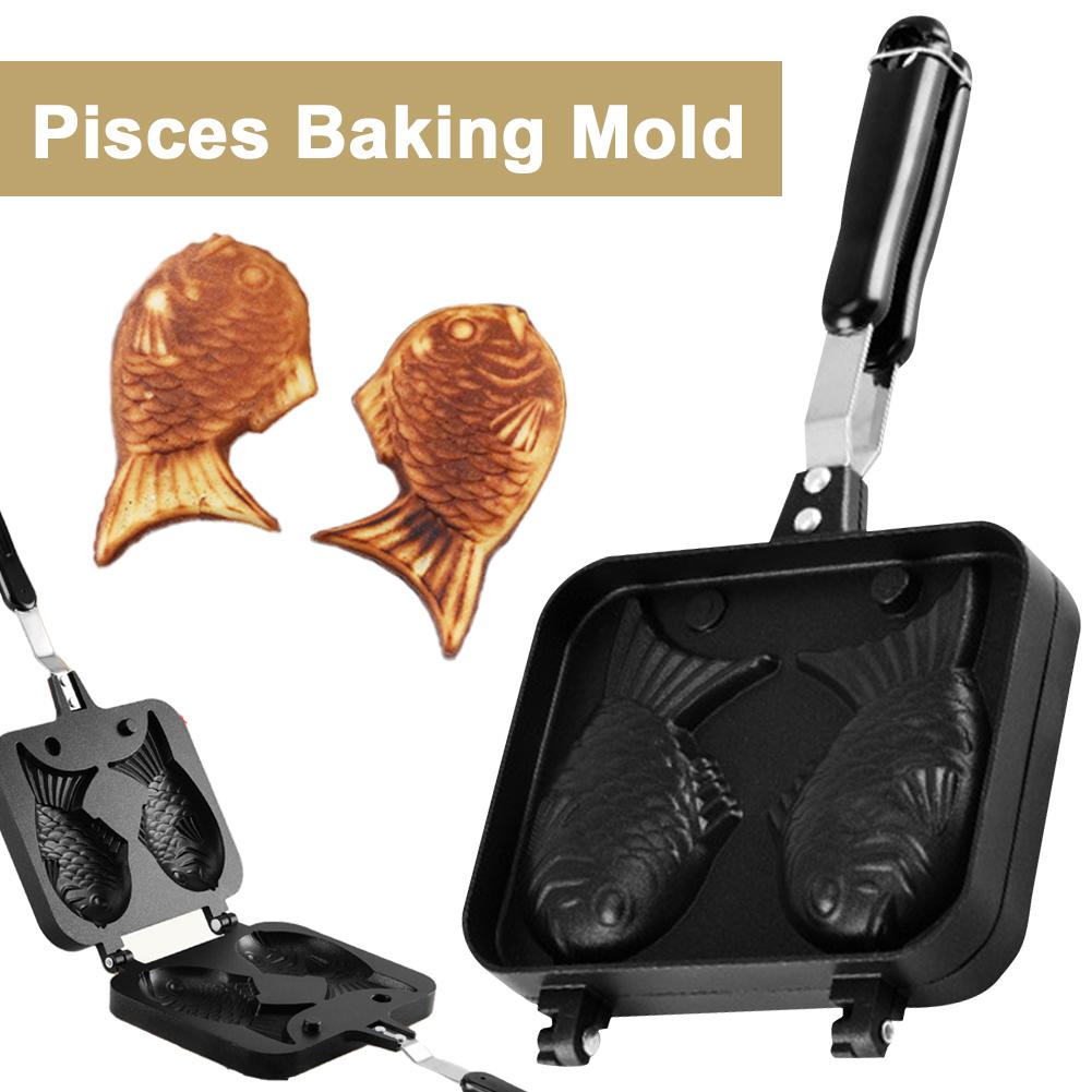 Double Fish Shaped Taiyaki Dessert Waffle Cake Maker Pan Non Stick Fry Pan Waffle Molds Aluminum Alloy Taiyaki Double Baking Pan