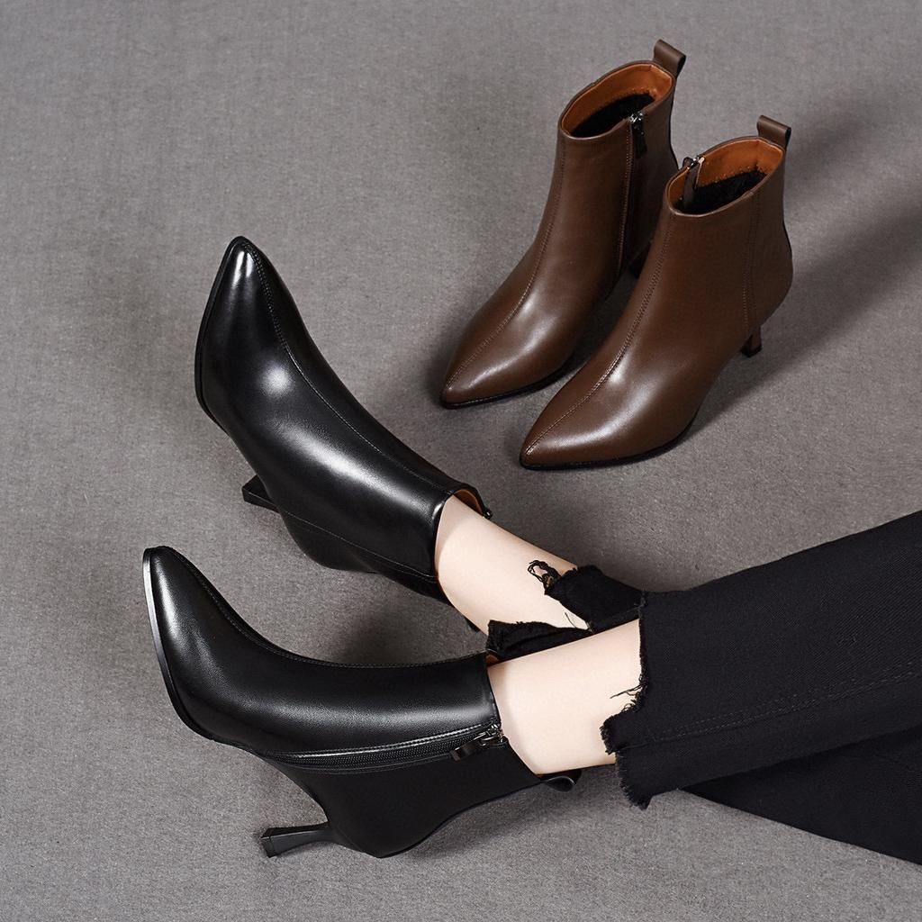 Pointed Short Boots Women's 2025 British Style Simple Temperament Thin High-heeled Women's Boots Fashion Boots Leather Boots Velvet and Thin Ankle Bo