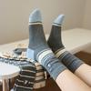 Women's Blue-Gray Striped Ruffled Socks with Lace Embroidery - Trendy Mid-Calf Style In Combed Cotton