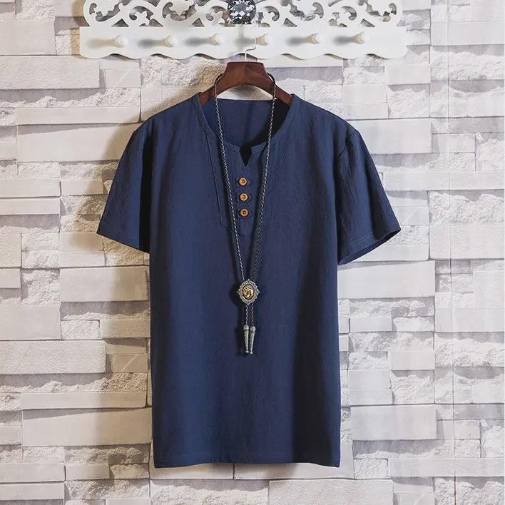 Men's Chinese-Style Short-Sleeve V-Neck Linen T-Shirt