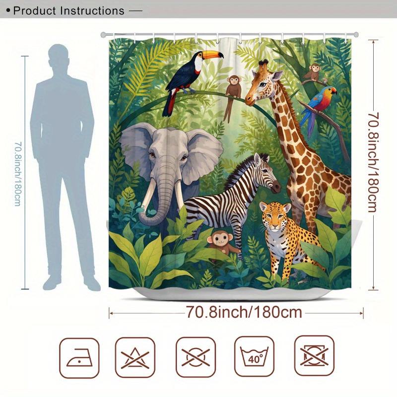 1pc Jungle Safari Shower Curtain with 12 Hooks - Vibrant Giraffe, Elephant, Zebra, Monkey & Colorful Birds Design on Green Folia