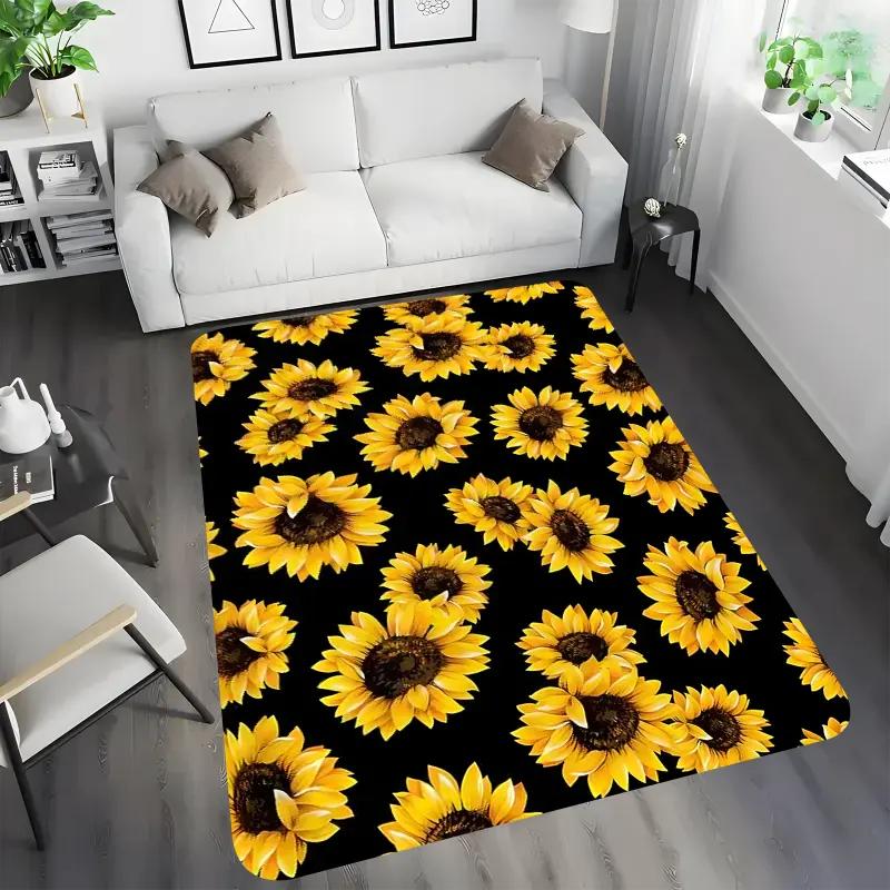 Black Background Sunflower Print Large Rug Soft Living Room Carpet Wear-resistant Floor Mat Sofa Bedroom Home Easy Clean Decor