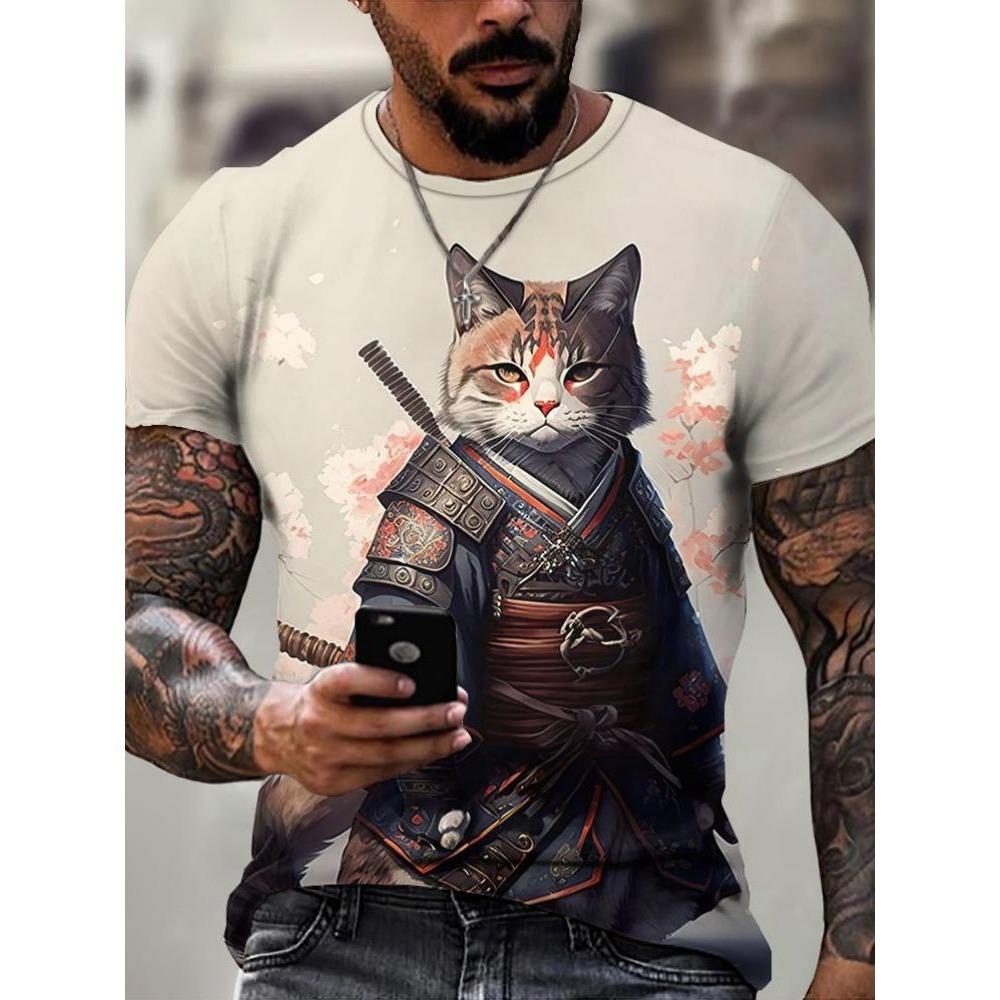 Japan Style Men's T-shirts 3D Samurai Cat Theme Print Short Sleeve T Shirts Fashion Men Women Crew Neck Tops Summer Clothing