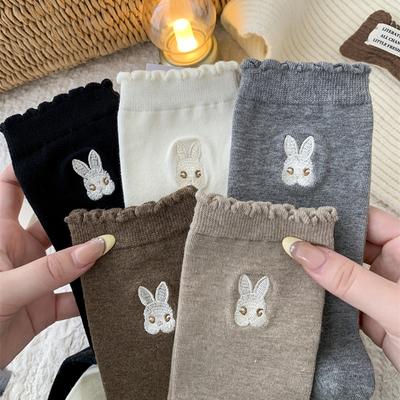 Cartoon Embroidered Socks, Girls' Lace, Cute Little Rabbit Socks, Pure Cotton Mid-calf Pile Socks