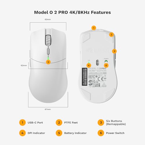 Glorious Model O 2 PRO Wireless - 4K/8K Polling Wired/Wireless Gaming Mouse, White (GLO-MS-POWV2-4K8K-W MS0733)