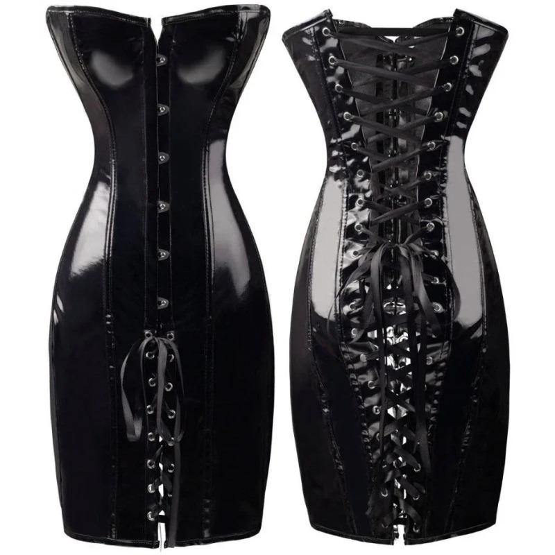 PVC Leather Corset Dress Sexy Women Gothic Punk Long Strapless Torso Bustier Body Slim Club Vinyl Latex Mini Dress