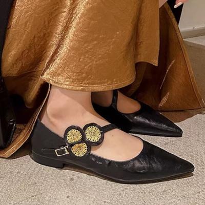 Mode 2024 Damen Ballerinas Gold Spitze Zehen Ballerinas Blume Mary Janes Schuhe für Damen Neue Designer Singler Schuhe Frühling Sommer