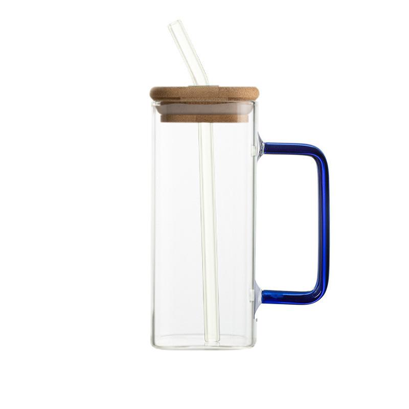 Glass Water Cup Milk Cup Tea Cup Breakfast Beverage Cup High Borosilicate Square Color Handle Glass Water Cup
