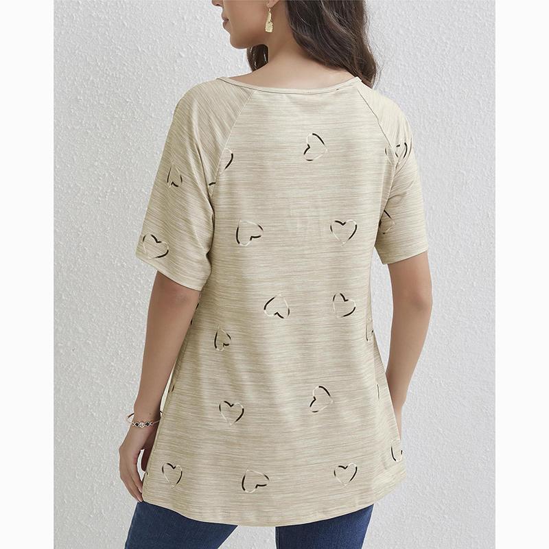 Spring Summer New Zipper Short Sleeve Shirt Women Tops Casual Love Print Pullover T-shirt Woman Fashion Elegant Loose Lady Blouse 24145