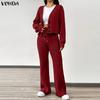 VONDA Two Piece Suit Autumn Spring Women Rib Long Sleeve Blouse and Pants Casual Sets