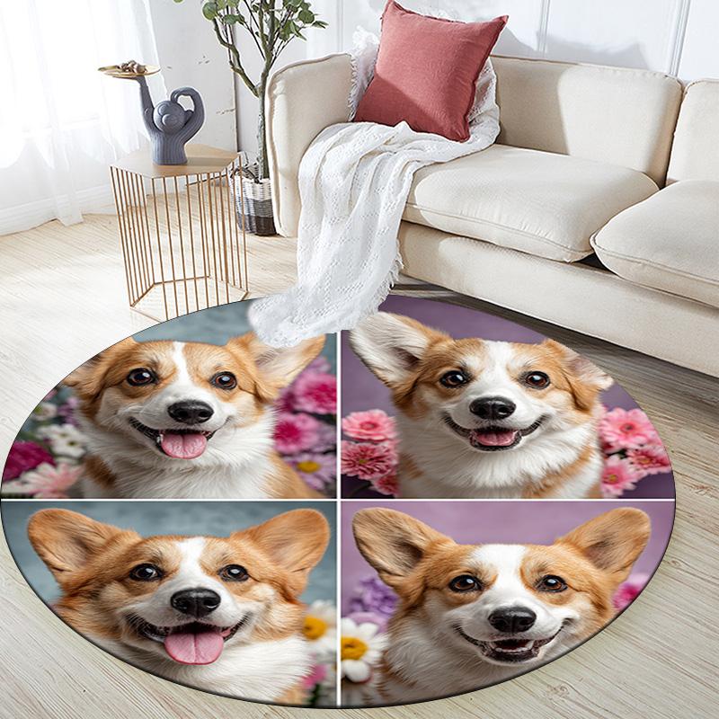 Corgi Dogs Round Area Rug,Carpet Rug for Living Room Bedroom Sofa Playroom Decor,Non-slip Floor Mat