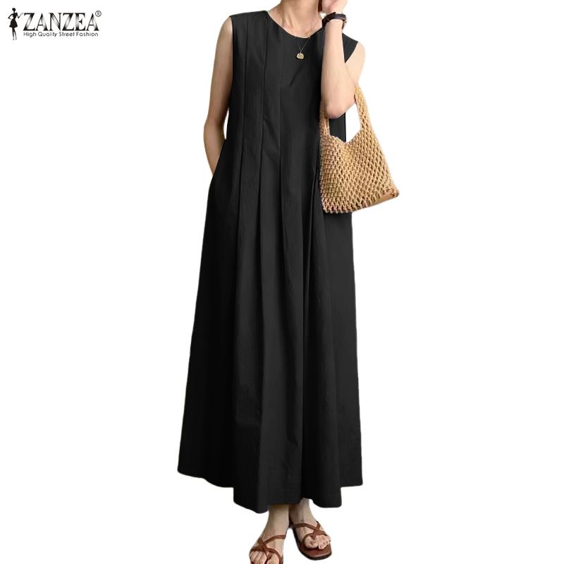 ZANZEA Damen Lässig Rundhals Sommer Ärmelloses Kleid