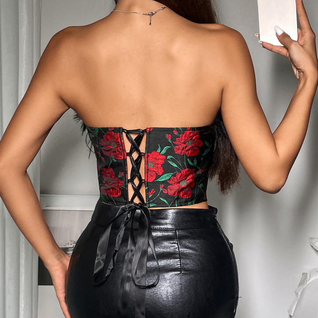 Women's Vintage Rose Patchwork Feather Fishbone Corset Heart Strap Top