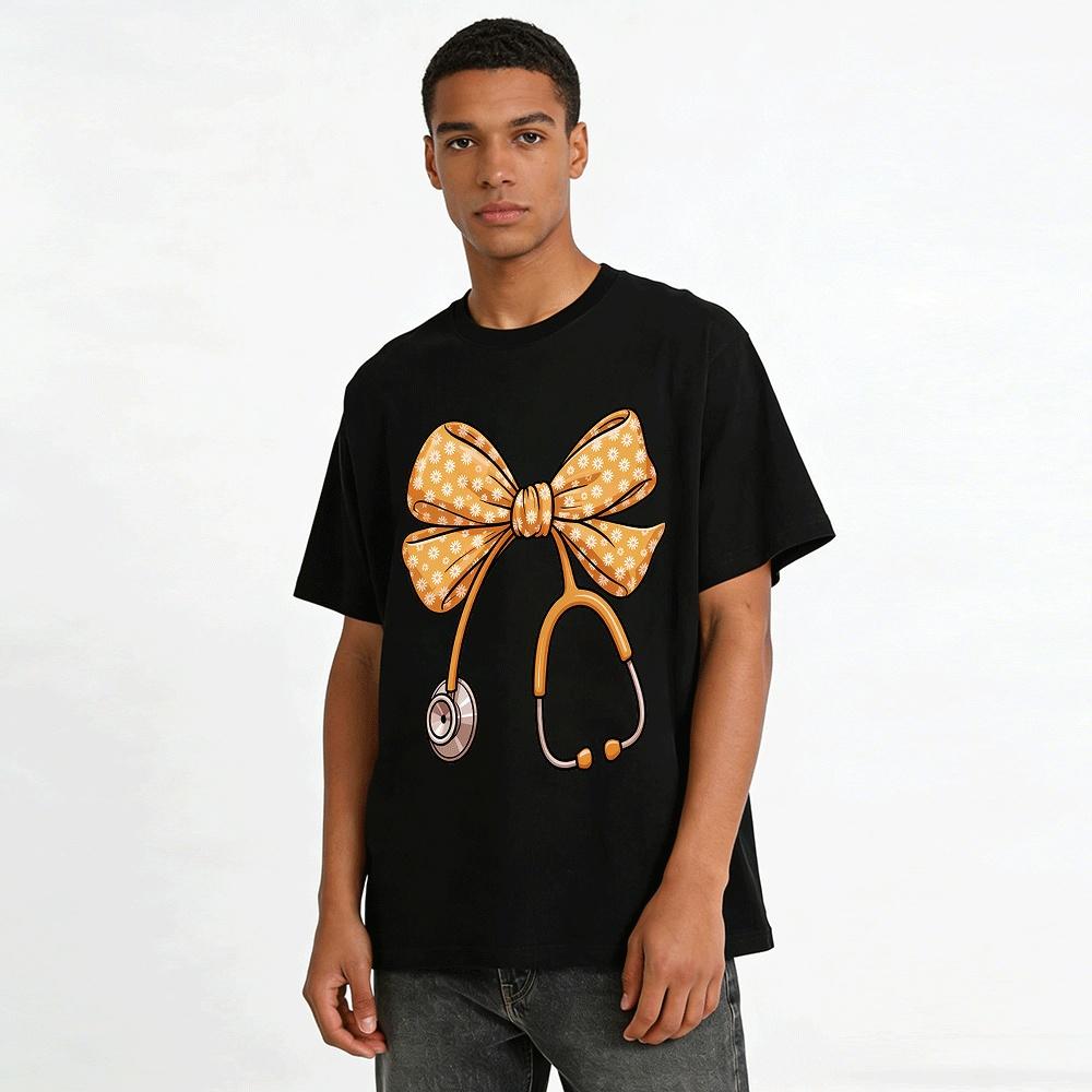 Floral Bow Stethoscope Print Medical Theme Casual Top Pure cotton T-shirt