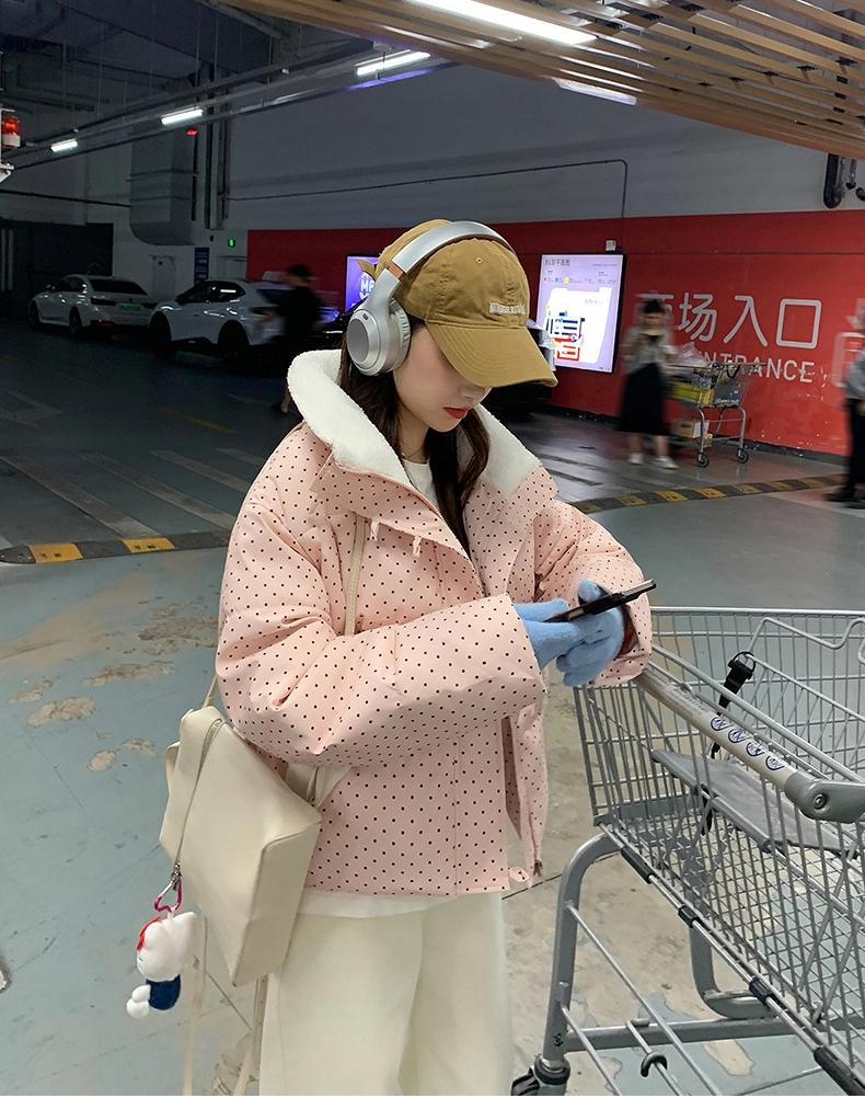 Short Dot Thickened Warm Cotton-padded Coat Jacket with Velvet Lapel