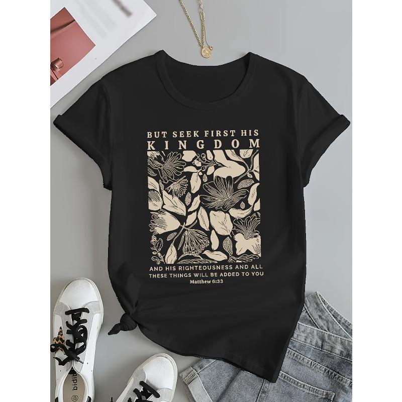 Women's Plus Size Round Neck Short Sleeve T-Shirt Floral Print Inspirational Quote Black White Golden Design Casual Top