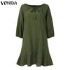 VONDA Women Casual Round Neck 3/4 Sleeve Irregular Ruffled Tunic Dress