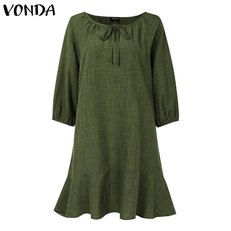 VONDA Women Casual Round Neck 3/4 Sleeve Irregular Ruffled Tunic Dress